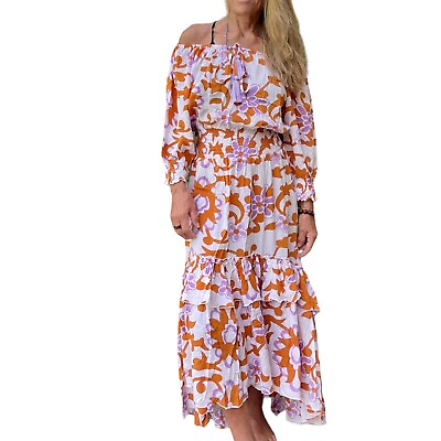 #ad Boho Long Off The Shoulder Flamingo Maxi Dress 3 4 Sleeves Elastic Waist XS $89.00