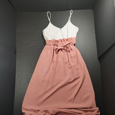 #ad Main Strip Pink Belted Half Lined Pocket Maxi Strappy Sun Dress Women Medium $18.00