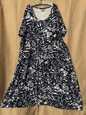 #ad Ulla Popken Dress Blue Artsy Floral A Line Stretch Knit Sundress Plus Size 28 30 $33.99