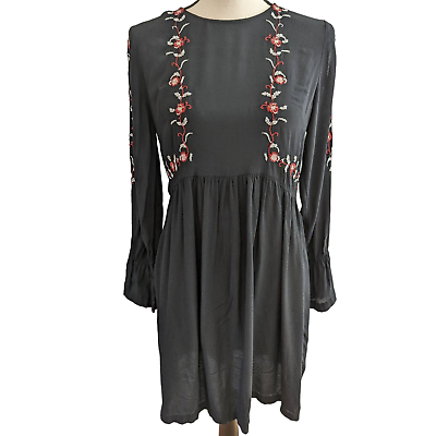 #ad Loft Floral Embroidered Black Boho Dress Size 4 $34.95