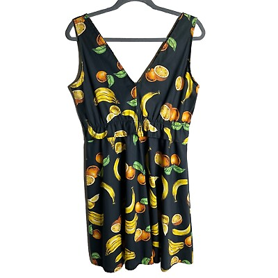#ad Lumina Women#x27;s Sun Dress Size M Fruit Print Black Sleeveless Fit amp; Flare V Neck $39.95