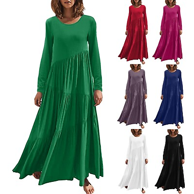 #ad Womens Long Sleeve Crew Neck Solid Maxi Dress Flowy Ruffle Boho Frill Long Dress $33.07