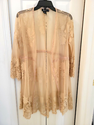 #ad Womens Beige Lace Open Front Beach Pool Swimsuit Cover Up Size Medium $26.24