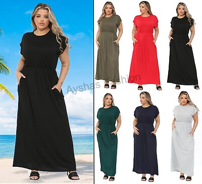 #ad New Womens Casual Plain Maxi Dress Ladies Short Sleeve Pockets Maxi Dress Plus GBP 19.49