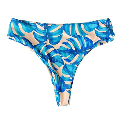 #ad High Waisted Cheeky Pink amp; Blue Palm Print Thong Cut Bikini Bottom Size Large $12.00