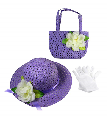 #ad Girls Tea Party Dress Up Set Purple Hat Purse White Gloves Costume BIRTHDAY GIFT $12.95