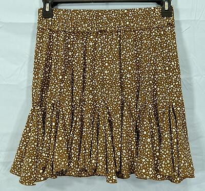 #ad NWT ODDY Brown Ivory LEOPARD Georgette PLEATED RUFFLES Pull On A LINE SKIRT Sz L $12.00