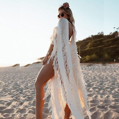 #ad Crochet Tassel Tunic Bikini Cover ups Sexy Hollow Out Dress Women Summer Beach $30.99
