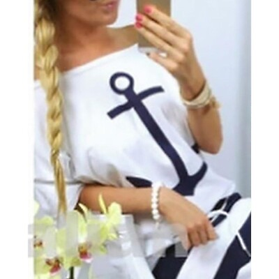 Women Fashion Casual Anchor Print Off Shoulder T Shirt amp; Striped Maxi Skirt Sets $10.31