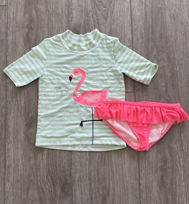 #ad Carter#x27;s Little Girls Two Piece Swimsuit Short Sleeve Mint Pink UPF 50 Size 6 $5.50