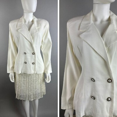 #ad Vtg 90s White Oversized Blazer Jacket w Lace Mini Skirt Suit Set Size 11 12 $69.99