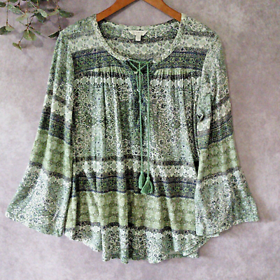 #ad Lucky Brand Top Womens Large Green Boho Lace Up Bell Sleeve Pullover Blouse $18.88