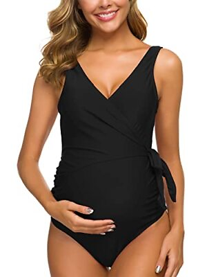 Tempotrek Maternity Swimsuit One Piece Elegant V Neck Pregnancy Swimwear Tie $18.89