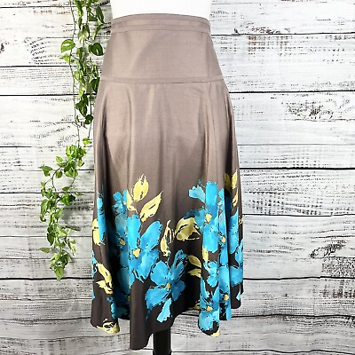 #ad Jones Wear Skirt size 8 Brown Blue Tropical Floral Midi A Line Stretch Wedding $19.97