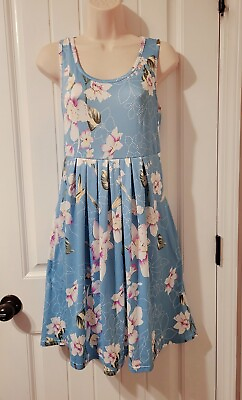 #ad Cute Blue Floral Sundress Knee Length With Pockets Med $9.60