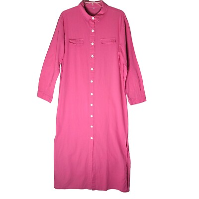 #ad Pink Maxi Shirt Dress Size Large Long Sleeve Side Slit Lightweight Button Front $13.04