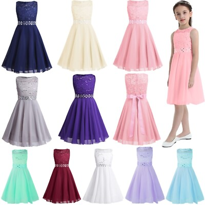 #ad Girls Kids Chiffon Floral Lace Sequin Bodice Sash Tie Waist Wedding Party Dress $27.31