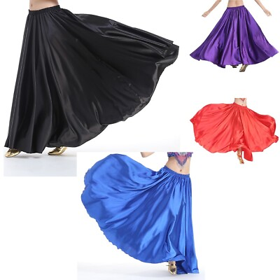 #ad Women#x27;s Satin Maxi Skirt Long Dress Elastic Waist Swing Skirts for Belly Dance $7.99