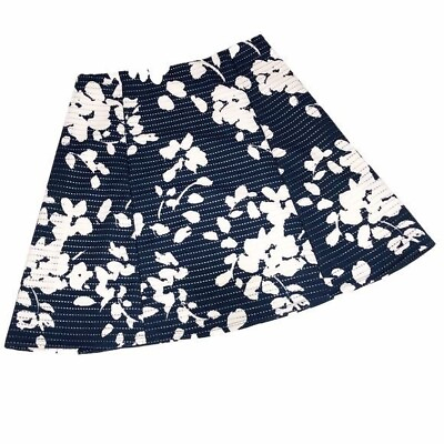 #ad Renee C Size M Knit Skirt Navy Blue White Floral A Line Circle Stretch USA $19.95