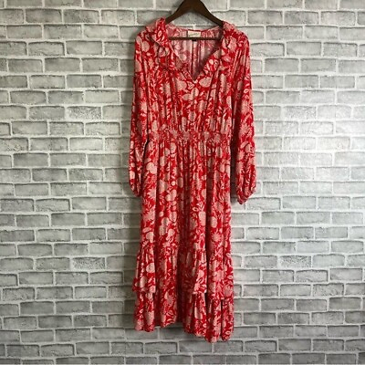 #ad Universal Thread Bright Red Ruffle V Neck Bib Vampy Tiered L S Maxi Dress Large $12.88