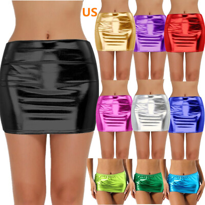 US Women Shiny Faux Leather Skirt Pencil Fit Mini Dress High Waist Bodycon Skirt $7.79