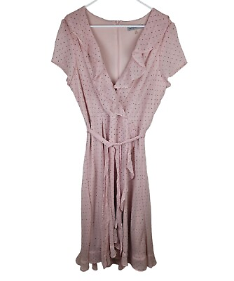 #ad Maxi Dress 18 Pink Chiffon Faux Wrap Lined Polka Dot Ruffle Peasant Plus Size $25.19