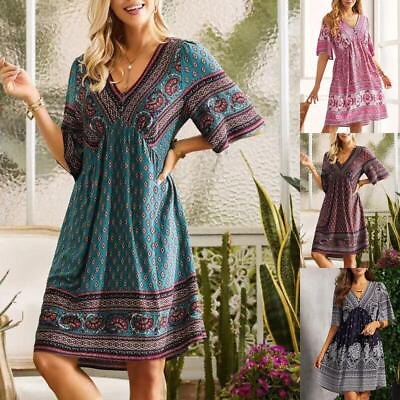 #ad Womens Boho V Neck Floral Mini Dress Summer Short Sleeve Beach Sundress $12.79