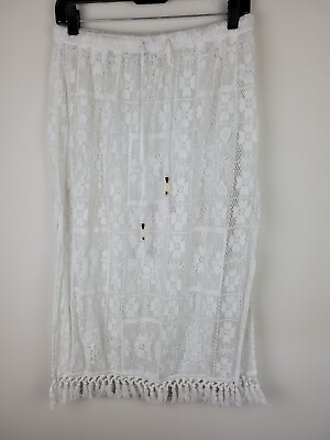 #ad Crochet Skirt M White Pull On Tassels Sheer Midi Peasant Minimalist Boho $16.80