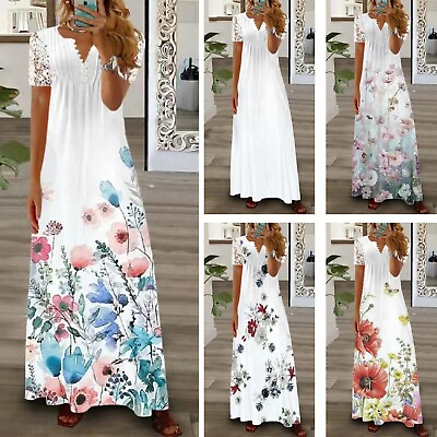 #ad Ladies Summer Plus Size Kaftan Women#x27;s White Boho Floral Lace Long Maxi Dress $34.79