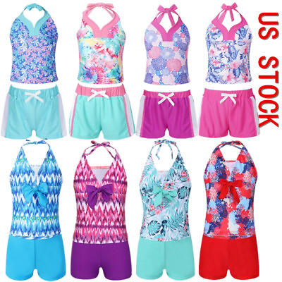 #ad US Kids Girls Tankini Swimsuit Tie Dye Printed Bathing Suit Crop Top Swim Trunks $14.28