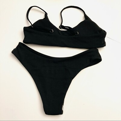 #ad Romwe black ribbed small poly classic Womens cheeky bikini set S $19.00