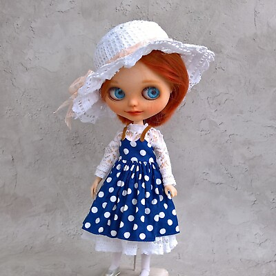 #ad A set of clothes for Blythe White blouse sundress lace hat handmade $65.00
