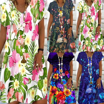 #ad Womens Floral V Neck Boho Dress Ladies Summer Holiday Beach Sundress Plus Size $21.56