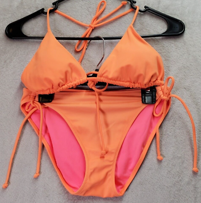 #ad Victoria#x27;s Secret Bikini Set Women#x27;s M Orange Spaghetti Straps Drawstring Back $23.88
