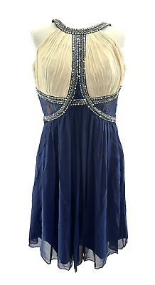 #ad Sousourada Evening Dress Size 16 Navy Sleeveless Knee Length Beaded Sequins BNWT GBP 22.39