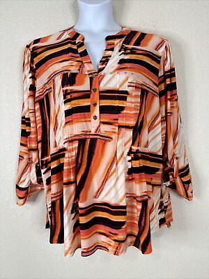 #ad NWT Cocomo Womens Plus Size 3X Orange Stretch Studded V neck Blouse 3 4 Sleeve $16.79