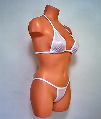 #ad white semi sheer tricot nylon banded thong top bikini lingerie sunwear set $12.95