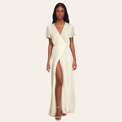 #ad Lulus Heart of Marigold Dress White Wrap Maxi Dress Size S Short Sleeve Deep V $34.88