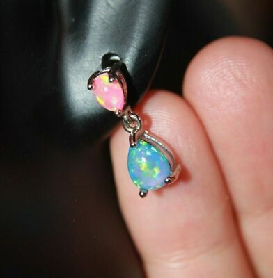 #ad fire opal earrings gemstone silver plate jewelry evening cocktail petite drop B $19.98