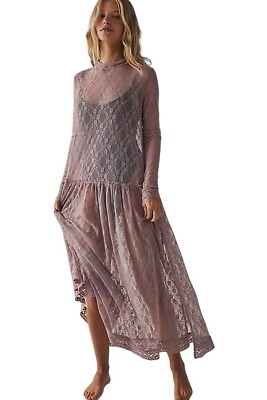 #ad #ad Free People Simple Touch Slip Maxi Dress Sheer Lace Long Sleeve NWT Size XS 8 10 GBP 29.99