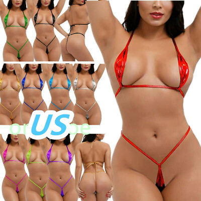 #ad #ad USWomen Micro Bikini Set Shiny Bra Top G String Thong Lingerie Swimsuit Swimwear $7.18