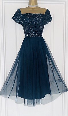 #ad Elegant Navy Sequin Evening Cruise Wedding Party Prom Cocktail Dress Size 16 GBP 39.99