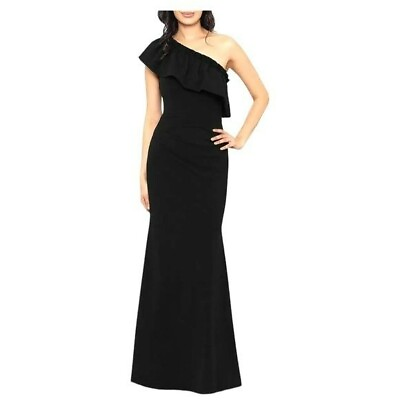 #ad Bloomingdales Aqua Black Maxi Dress Formal One Shoulder Ruffle Size 0 NWT $59.98