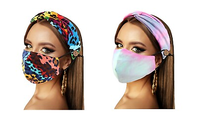 Womens Face Mask Matching Button Headband Set Reusable Washable Fashion Cover $14.99