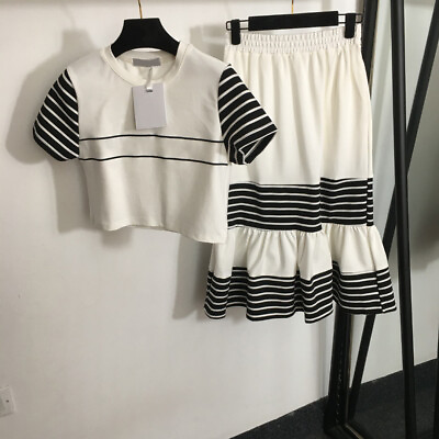 #ad embroidery short sleeve t shirt long A line stripe cake skirt sets women 2024 $57.99