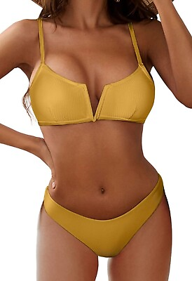 #ad ZAFUL Womens High Cut Bikini Set Ribbed V Wire Cami Bikini Two Piece Swimsuit S $10.39