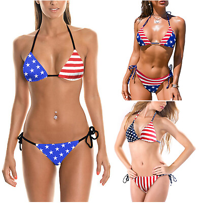 Women#x27;s New American Flag 3D Print Sexy Bikini Split String Bikinis for Women $11.73