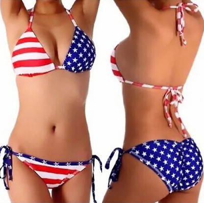 American Flag Print Halter Triangle Bikini Swimsuit Sexy 4th of July Party $19.99