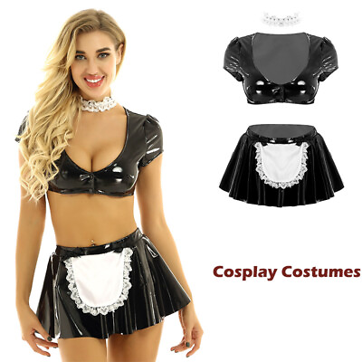 Women#x27;s Wet Look French Maid Anime Costume Crop Top with Mini Skirt Outfits $8.99