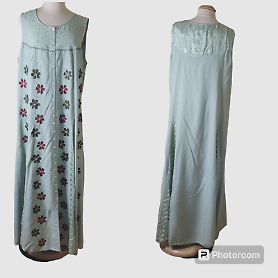 #ad Vtg Boho Maxi Dress Sz 2X Green Button Front Lacy Inserts amp; Embroidered Flowers $29.95